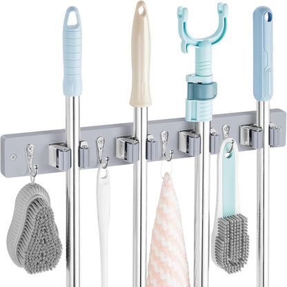OUTNILI Mop and Broom Holder Wall Mount - Wood Broom Mop Hanger - Wall Mounted Garden Tool Rack Organizer for Closet Garage Laundry Room, Rustic Kitchen Decor With 4 Slots & 4 Hooks