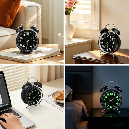 4.5" Metal Loud Alarm Clock for Heavy Sleepers Adults, Analog Battery Operated Alarm Clock with Bells Glow in Dark Numbers, Silent Old School Bedside Desk Clock for Bedroom Office Kids, Black