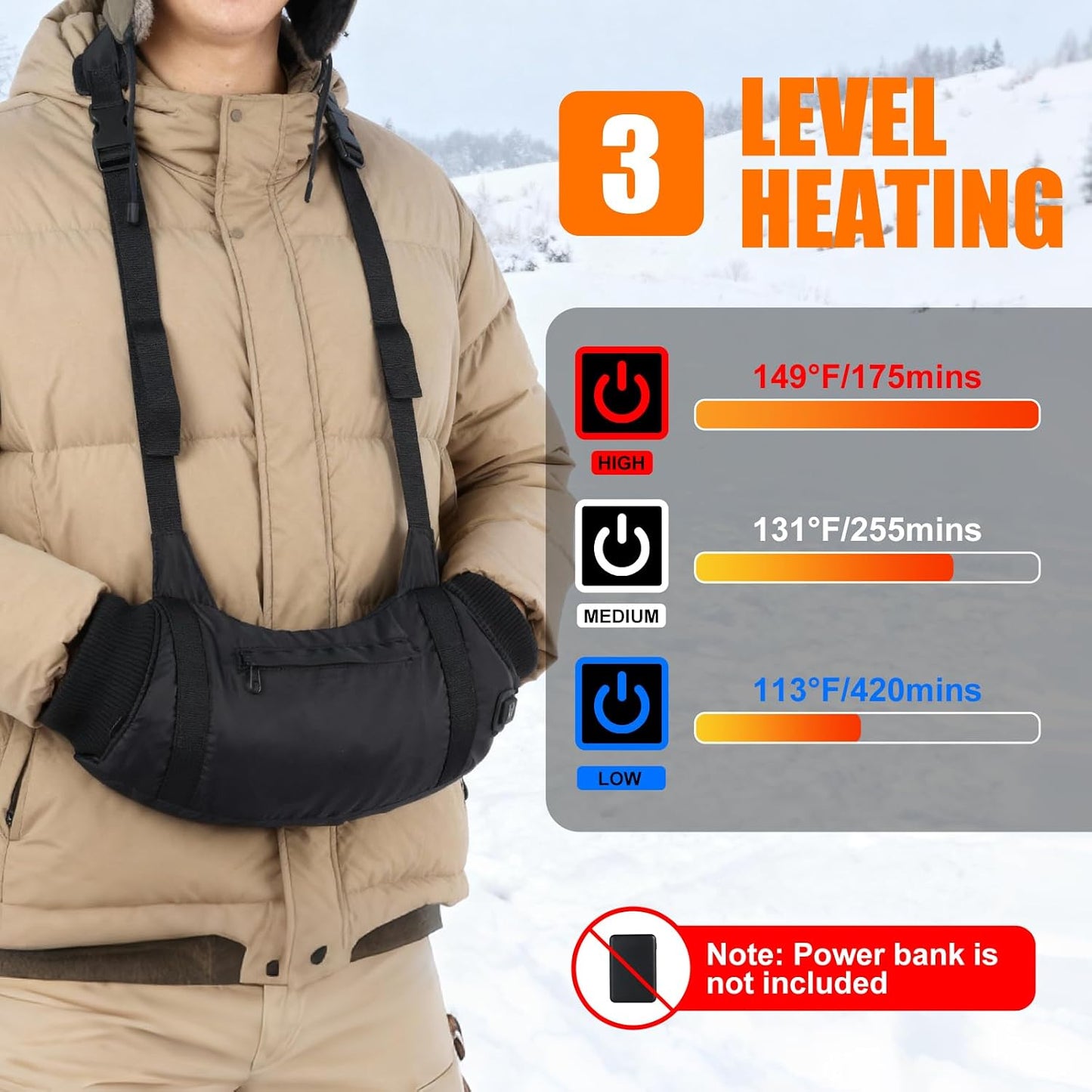 Heated Hand Warmers Pouch Electric Heated Hand Muff with 3-Level Heat Setting, Adjustable Strap, 2 Pocket, and USB Plug Hand Warmer Pouch for Hunting, Football, Golf, Fishing, Camping(No Power Bank) | Electric Heated Hand Muff for Hunting, Football,