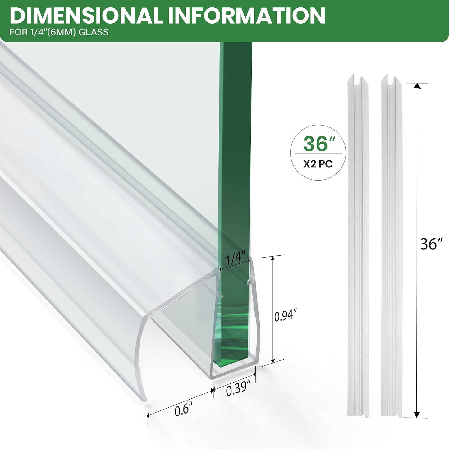 Bathroom Shower Glass Door Bottom Seal Strips, Length 36 Inch 2PCS Transparent PVC Door Bottom Seall Strips for 3/8" (10MM) Thick Framless Glass Panel