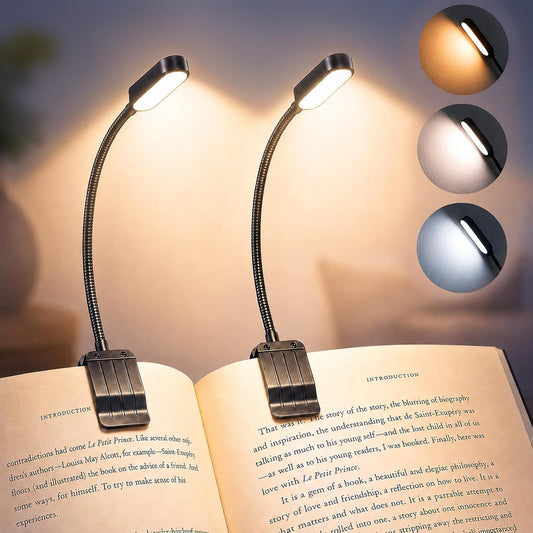 2 Pack Rechargeable Book Lights for Reading at Night, Eye-Caring Clip-On Reading Lights with 3 Color Temperatures & 3 Brightness Levels, Long Runtime Small Lightweight Clip on Lamp, Gifts for Reader