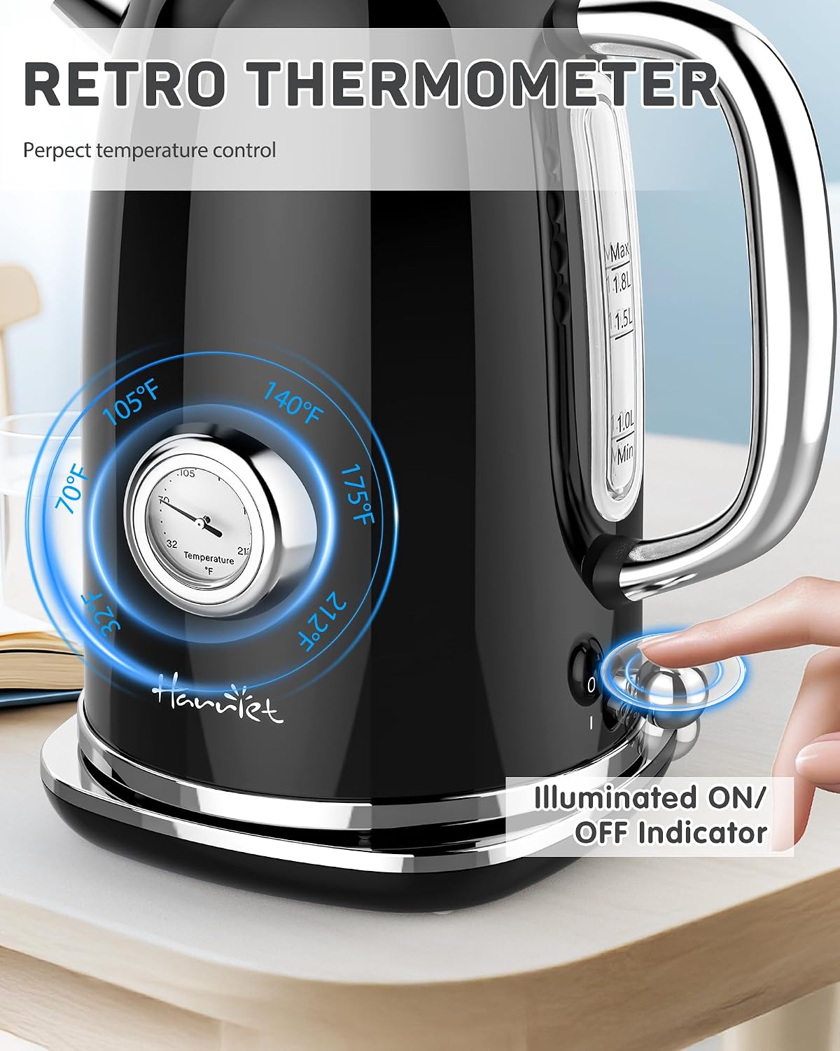 Harriet Electric Kettle, 1.8L Retro Electric Tea Kettle with Thermometer, 1500W Stainless Steel Hot Water Kettle Electric with LED Indicator, Fast Boiling, Cordless, Auto Shut-Off, Yellow