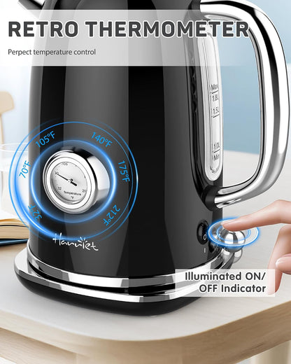 Harriet Electric Kettle, 1.8L Retro Electric Tea Kettle with Thermometer, 1500W Stainless Steel Hot Water Kettle Electric with LED Indicator, Fast Boiling, Cordless, Auto Shut-Off, Yellow