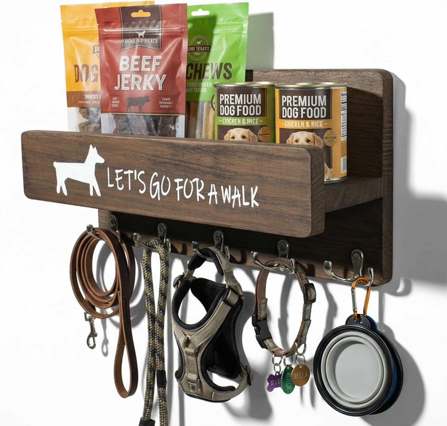 Wood Dog Leash Holder for Wall, Key Hanger with 5 Double Key Hooks | Dog Leash Hanger Wall Mounted for Entryway, Farmhouse Treats,35cm,Brown