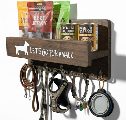 Wood Dog Leash Holder for Wall, Key Hanger with 5 Double Key Hooks | Dog Leash Hanger Wall Mounted for Entryway, Farmhouse Treats,35cm,Brown