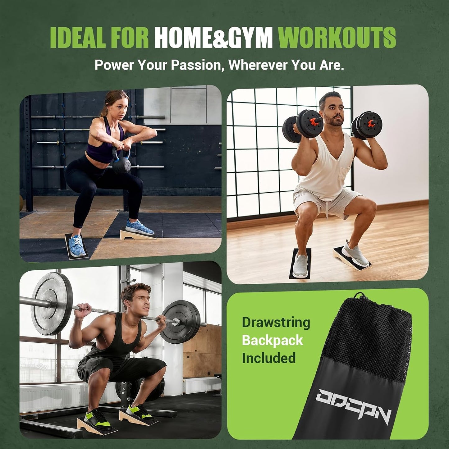 Squat Wedge Block, 1800 LBS Capacity, Wooden Squat Wedge for Heel Elevation | Storage Bag & Training Poster, 2-Pack Non-Slip Slant Board for Gym Squats to Improve Ankle Mobility, Balance & Weightlifting
