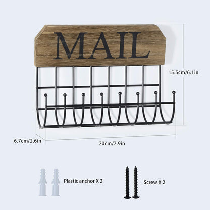 SRIWATANA Key Holder Wall Mount with 5 Hooks, Metal Mail Organizer, Black | Key Hooks for Wall, Mail Storage Basket, 10.8''L x 2.6''W x 4.5''H, Mail Holder for Wall for Home Office Entryway Hallway