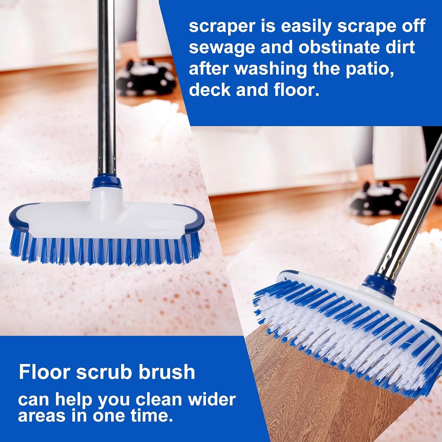 Floor Scrub Brush with Long Handle - 53" Deck & Grout Cleaner Brush Set for Tile, Marble, Stone, Bathroom, Patio, Garage, Deck & Floor Cleaning