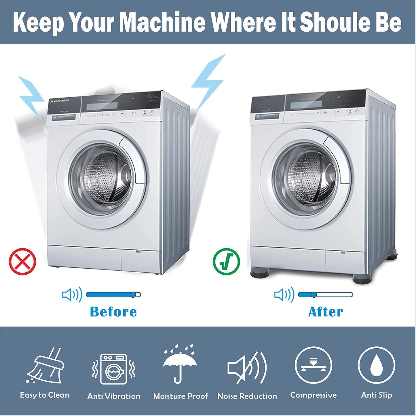 Anti Vibration Pads Increase 1.38"/2.36", 8pcs Washing Machine Base Foot Pads, Non Slip Heighten Shock and Noise Cancelling Mat for Washer and Dryer Machine Support Protects Pedestals