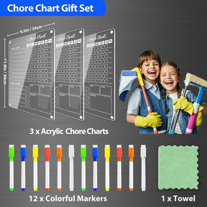 PigPotParty Acrylic Magnetic Chore Chart for Kids, 12x9.5 Inch, 2 Pack | Sleek Clear Acrylic Design, Reward System Builds Habits, Built-In Magnets Require No Installation, 8 Wet-Erase Markers