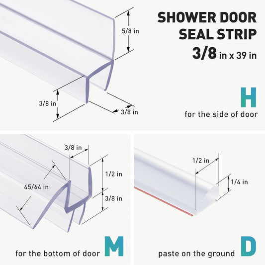 Shower Door Seal | 4 PCS 3/8" x 77" Frameless Glass Door Side Seal and Bottom Seal Door Sweep, Stop Shower Leaks Create a Water Barrier