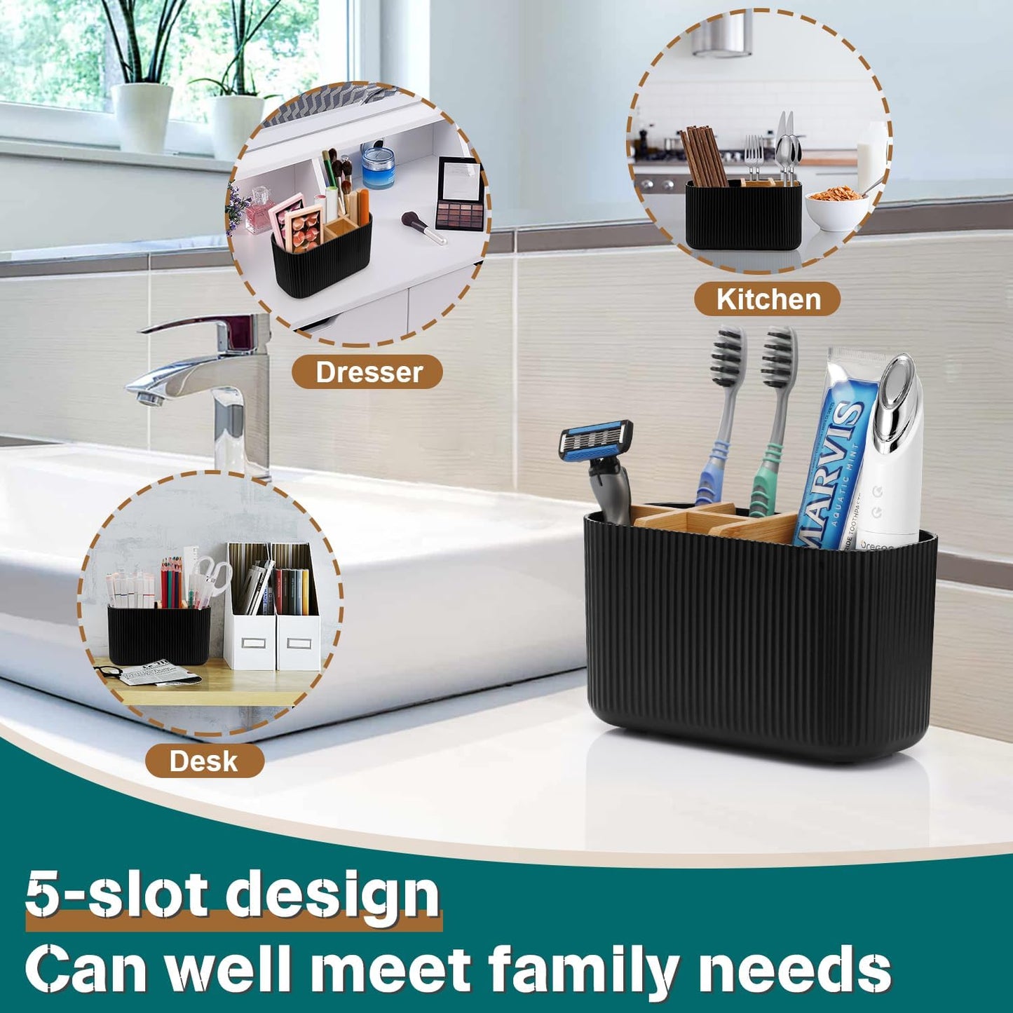 GFWARE Toothbrush Holders for Bathrooms - Bamboo Divider Toothbrush and Toothpaste Holder with Drainage, Kids Electric Toothbrush Organizer for Bathroom Countertop, White Tooth Brush Holder | 5 Slots Toothbrush and Toothpaste Holder with Bamboo Divider,