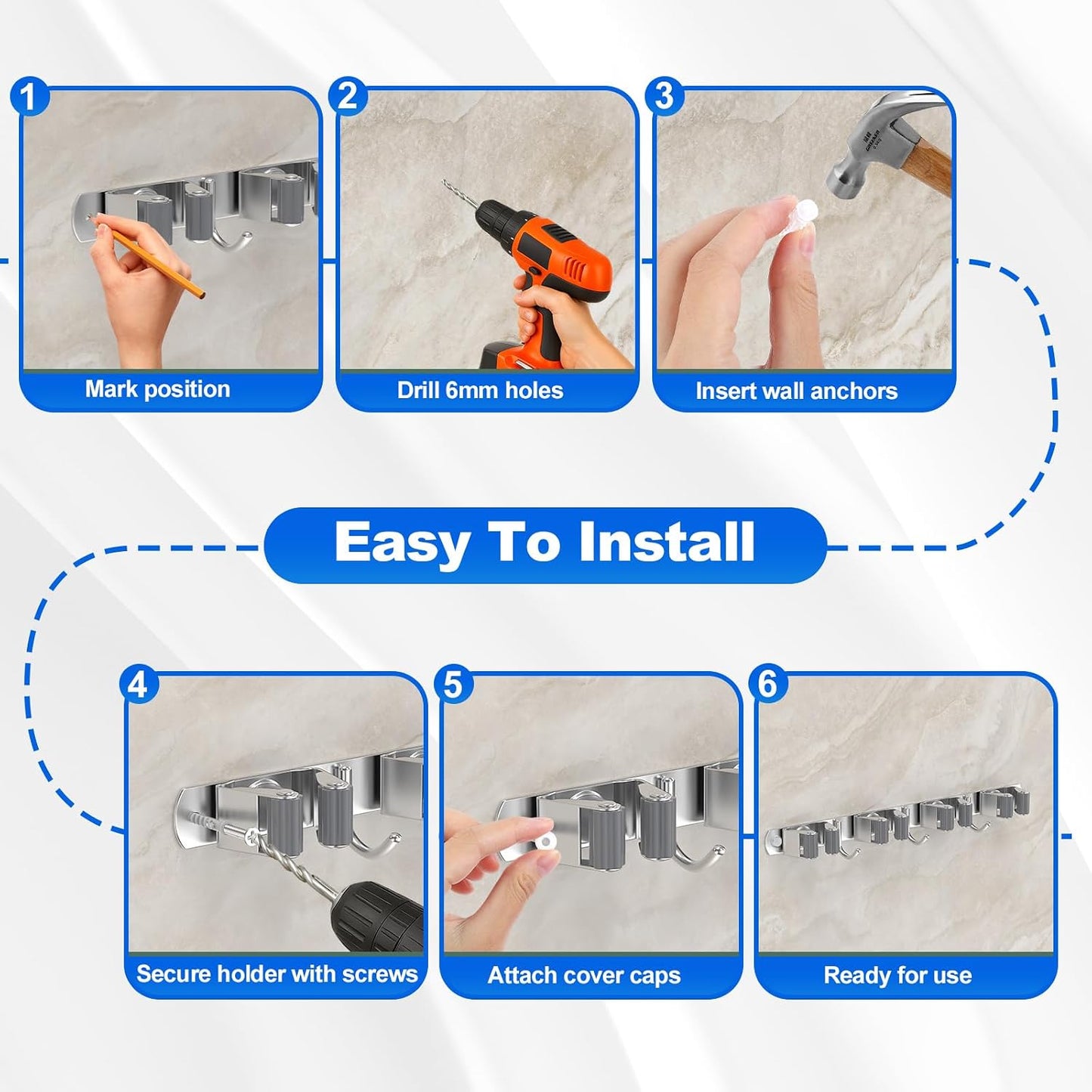 Broom Holder Wall Mount Mop Organizer, 5 Racks 4 Hooks | Premium Stainless Steel Mop Holder Storage Tool Utility Racks Solid for Home Kitchen Garden Laundry Garage