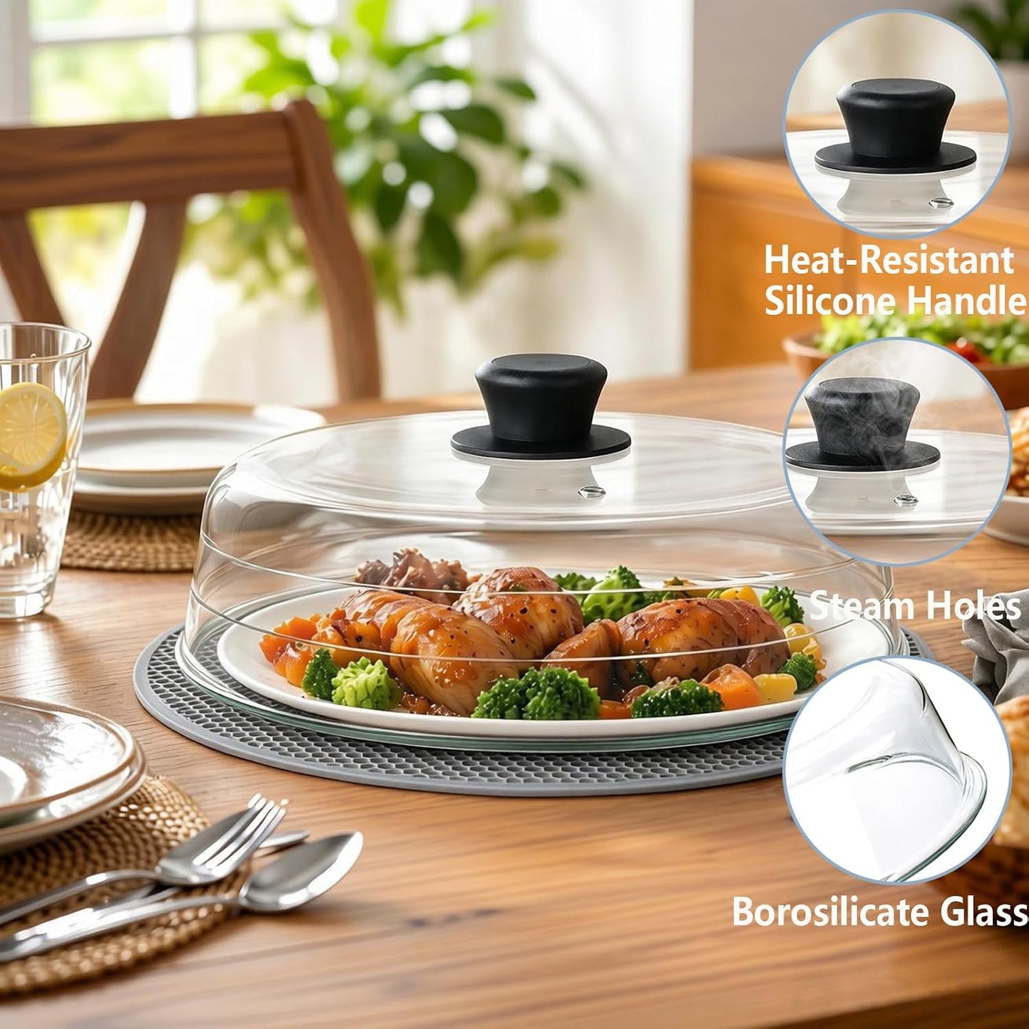 2-in-1 Glass Microwave Cover & Silicone Mat for Food, 10 Inch Borosilicate Microwave Splatter Cover with Silicone Handle & Dual Vents - BPA Free, Heat Resistant, Dishwasher Safe Splatter Guard