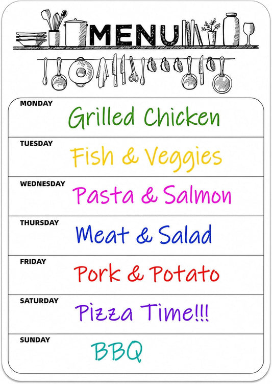 Magnetic Weekly Meal Planner, Fridge Dry Erase Menu Board (A) | 8 x 12 inch dry erase whiteboard with strong magnetic backing for weekly menus, notes, grocery lists, families and roommates