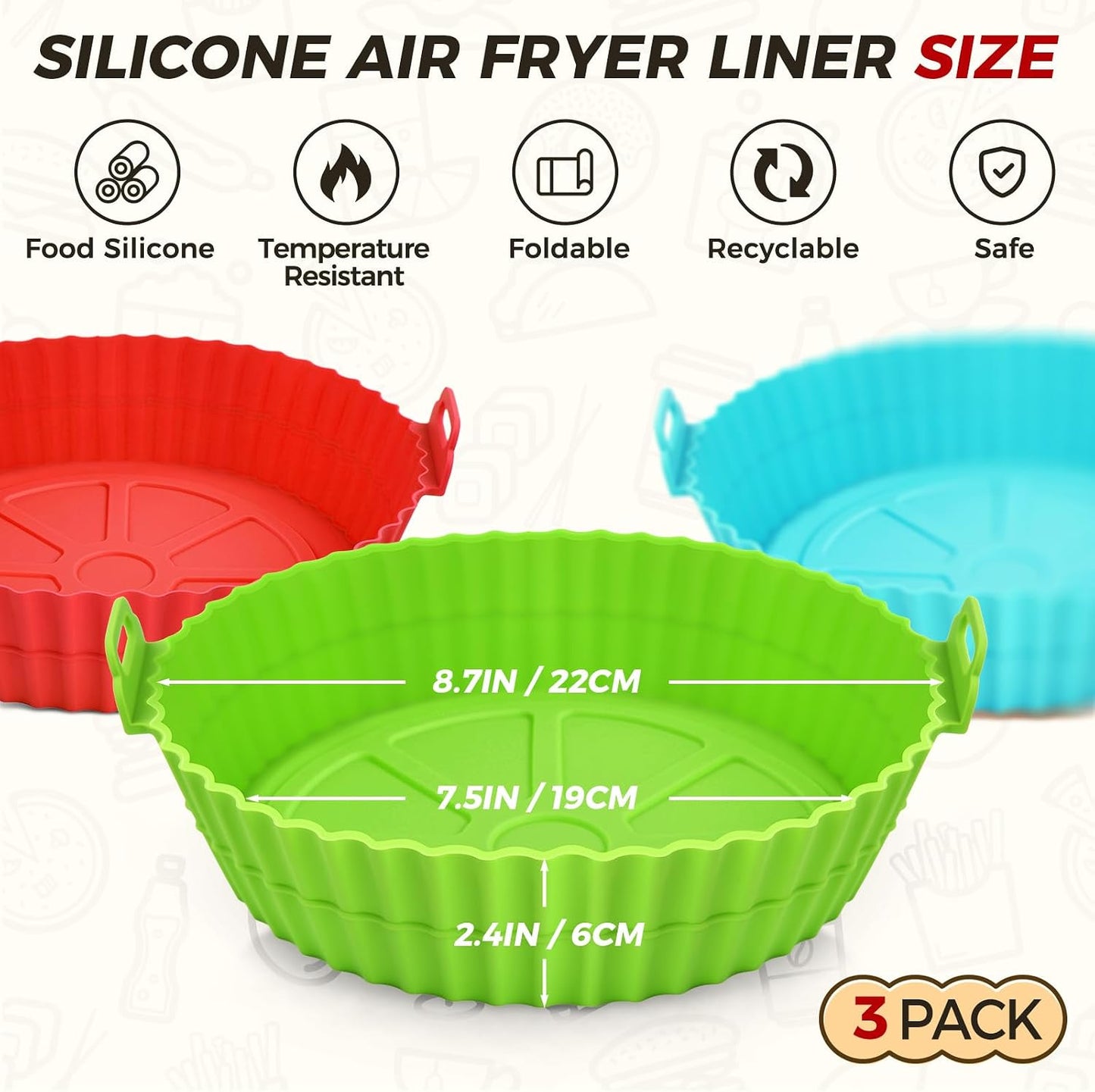 3 Pack Air Fryer Silicone Liners 8inch Air Fryer Silicone Pot Reusable Food Grade Silicone Airfryer Liners Baking Basket Accessories Replacement of Flammable Disposable Parchment Paper