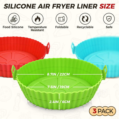 3 Pack Air Fryer Silicone Liners 8inch Air Fryer Silicone Pot Reusable Food Grade Silicone Airfryer Liners Baking Basket Accessories Replacement of Flammable Disposable Parchment Paper