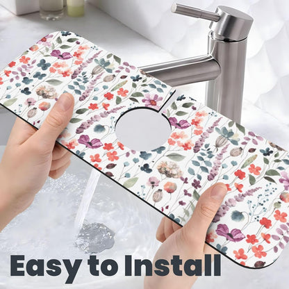 Abstract Flower Blooming Floral Watercolor Kitchen Sink Splash Guard Faucet Mat Super Absorbent Fast Drying Mat Sink Gadgets-Fast Drying Pad Sink Mat For Kitchen Bathroom (15" X 5.5" )