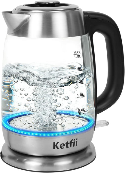 Electric Kettle 1.8 L, Stainless Steel & Glass, No Plastic, Fast Boiling | Coffee Tea Hot Water Boiler 1200W, Auto Shut Off, Boil-Dry Protection, BPA-Free, Borosilicate Glass, Removable Lid, LED Light