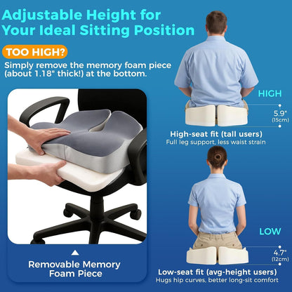 Office Chair Seat Cushion, Adjustable Height Memory Foam Cushion with Coccyx Cutout,Thick Ergonomic Seat Pad for Long Sitting, Tailbone Support for Desk Chair, Washable Cover