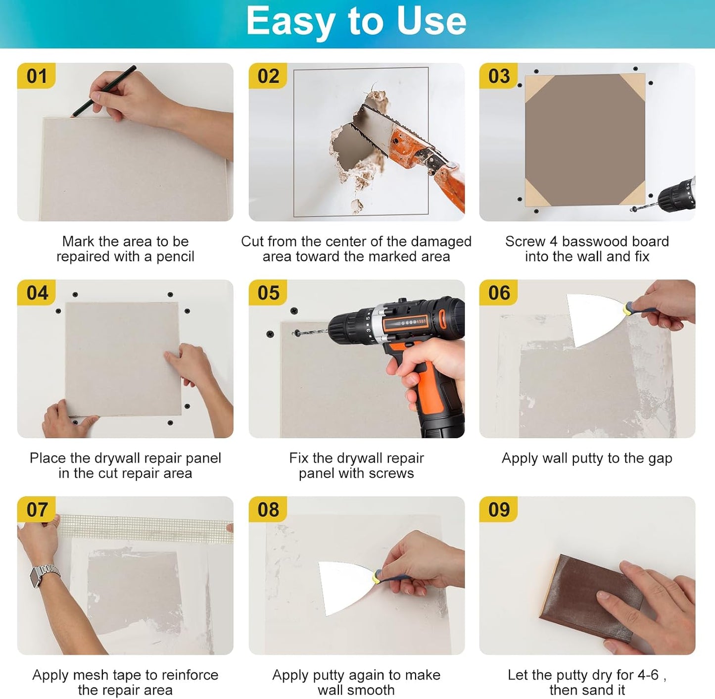 Drywall Repair Kit with 12"x12" Dry Wall Repair Panel, 33-in-One Drywall Patch Kit Wall Patch Repair Kit with Spackle, Mesh Tape, Putty Knives & Sanding Block for Wall Surface Ceiling Large Hole Fill