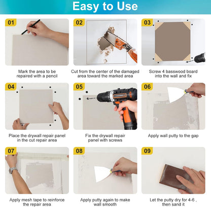 Drywall Repair Kit with 12"x12" Dry Wall Repair Panel, 33-in-One Drywall Patch Kit Wall Patch Repair Kit with Spackle, Mesh Tape, Putty Knives & Sanding Block for Wall Surface Ceiling Large Hole Fill