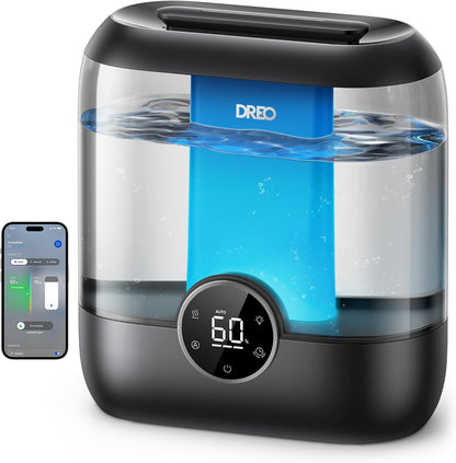 DREO 6L Smart Humidifiers for Bedroom, Large Room, 60H Runtime, Quiet 28dB | Top Fill Supersized Cool Mist Humidifier for Plants, Indoor, Home, Night Light, App/Touch/Voice Control, Black
