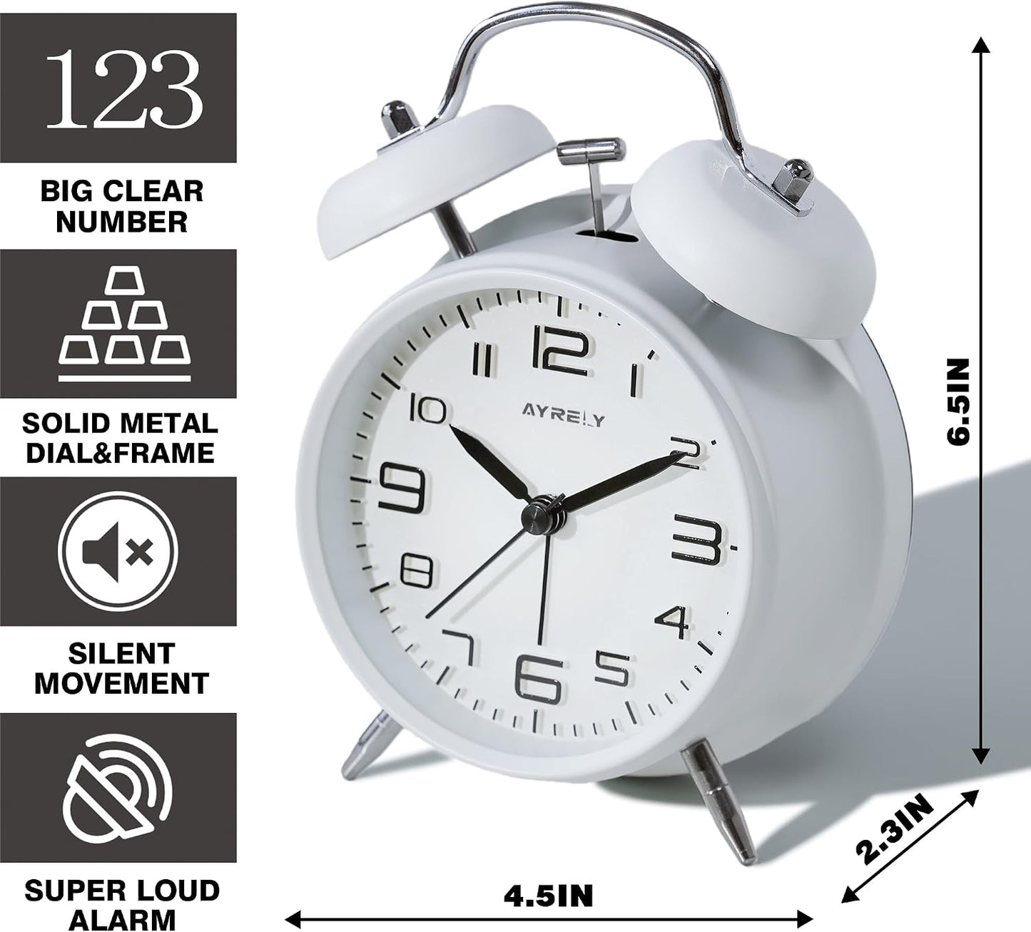 AYRELY® Super Loud Alarm Clock for Heavy Sleepers, 4.5 Inch Twin Bell Retro | Silent Non-Ticking Quartz with Backlight, Luminous Dial, Metal Alarm Clocks for Bedrooms and Bedside
