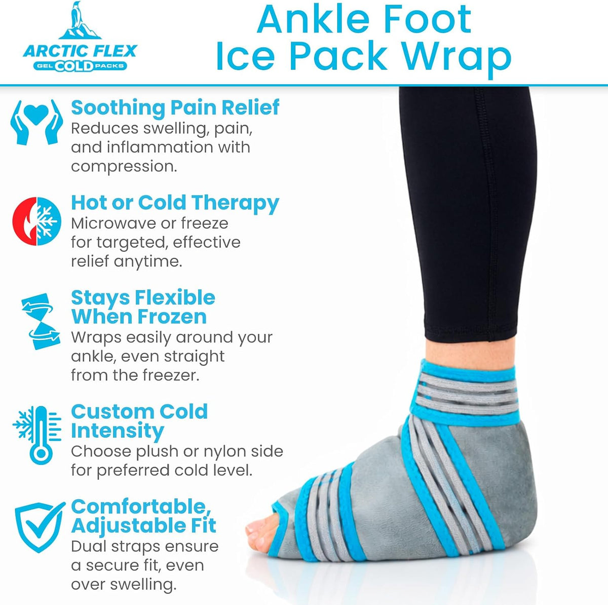 Arctic Flex Ankle Foot Ice Pack Wrap - Reusable Gel for Hot Cold Therapy