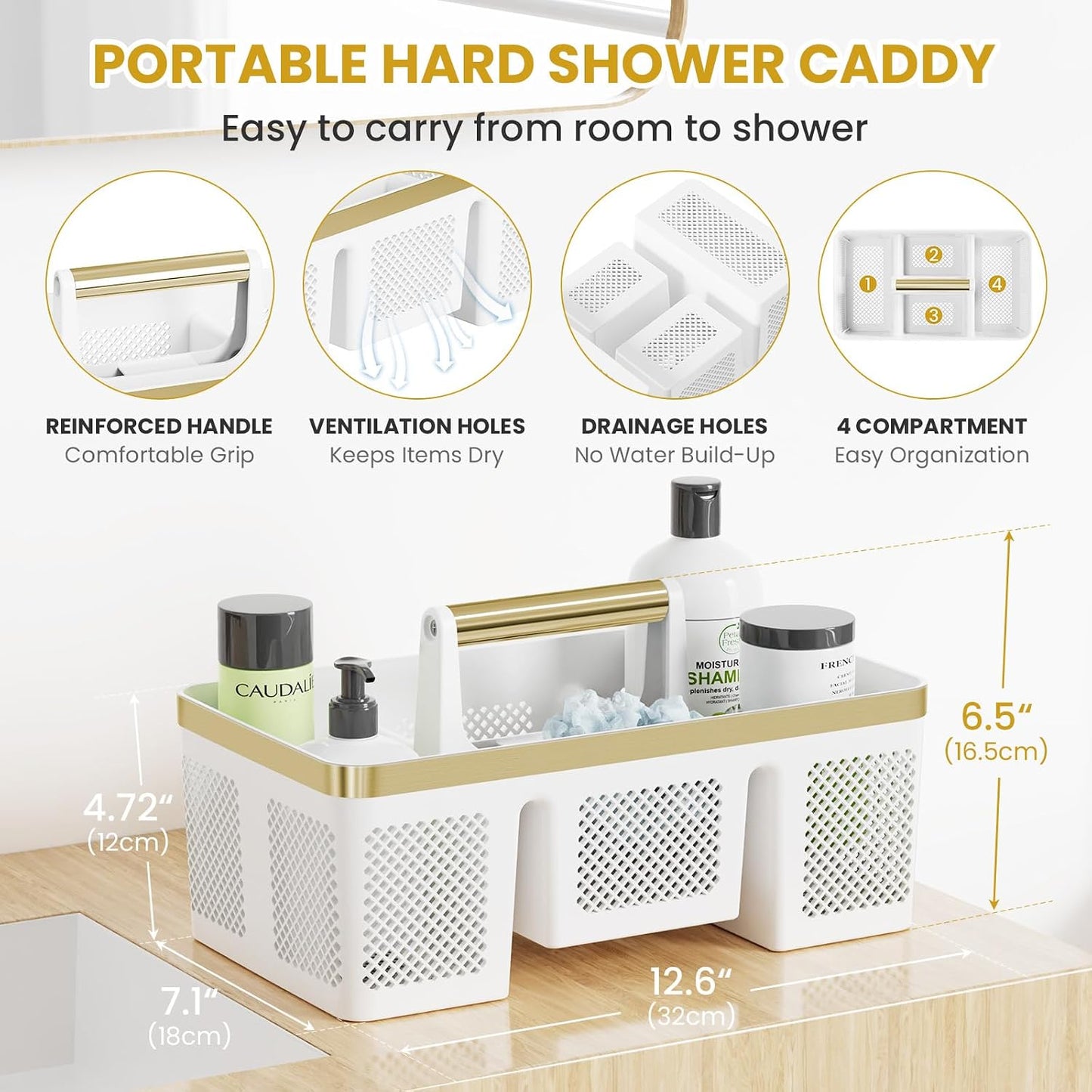 BYUNER Portable Cleaning & Shower Caddy with Handle: Rigid Plastic Basket with 4 Divided Compartments, All-Side Drainage for College Dorm, Bathroom & Utility Use, Black/Gold