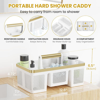 BYUNER Portable Cleaning & Shower Caddy with Handle: Rigid Plastic Basket with 4 Divided Compartments, All-Side Drainage for College Dorm, Bathroom & Utility Use, Black/Gold