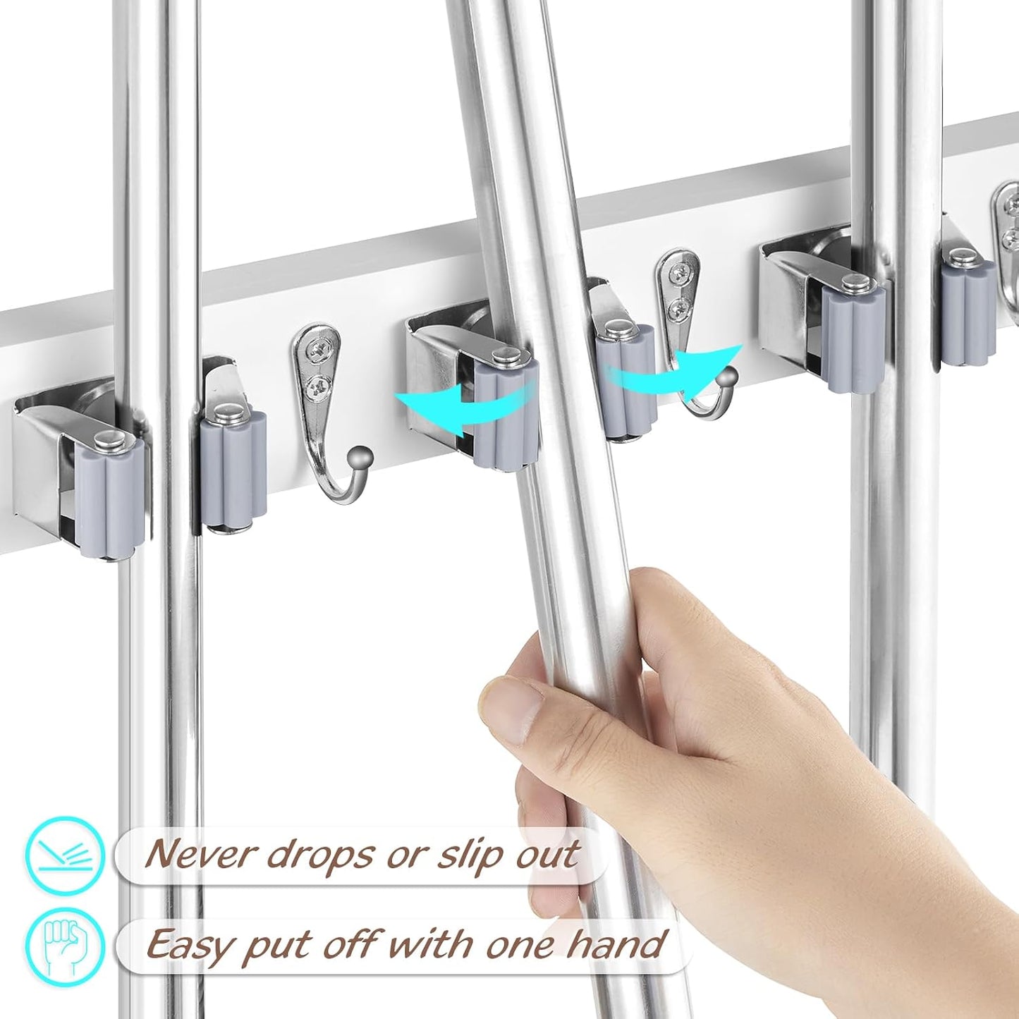 OUTNILI Mop and Broom Holder Wall Mount - Wood Broom Mop Hanger - Wall Mounted Garden Tool Rack Organizer for Closet Garage Laundry Room, Rustic Kitchen Decor With 4 Slots & 4 Hooks