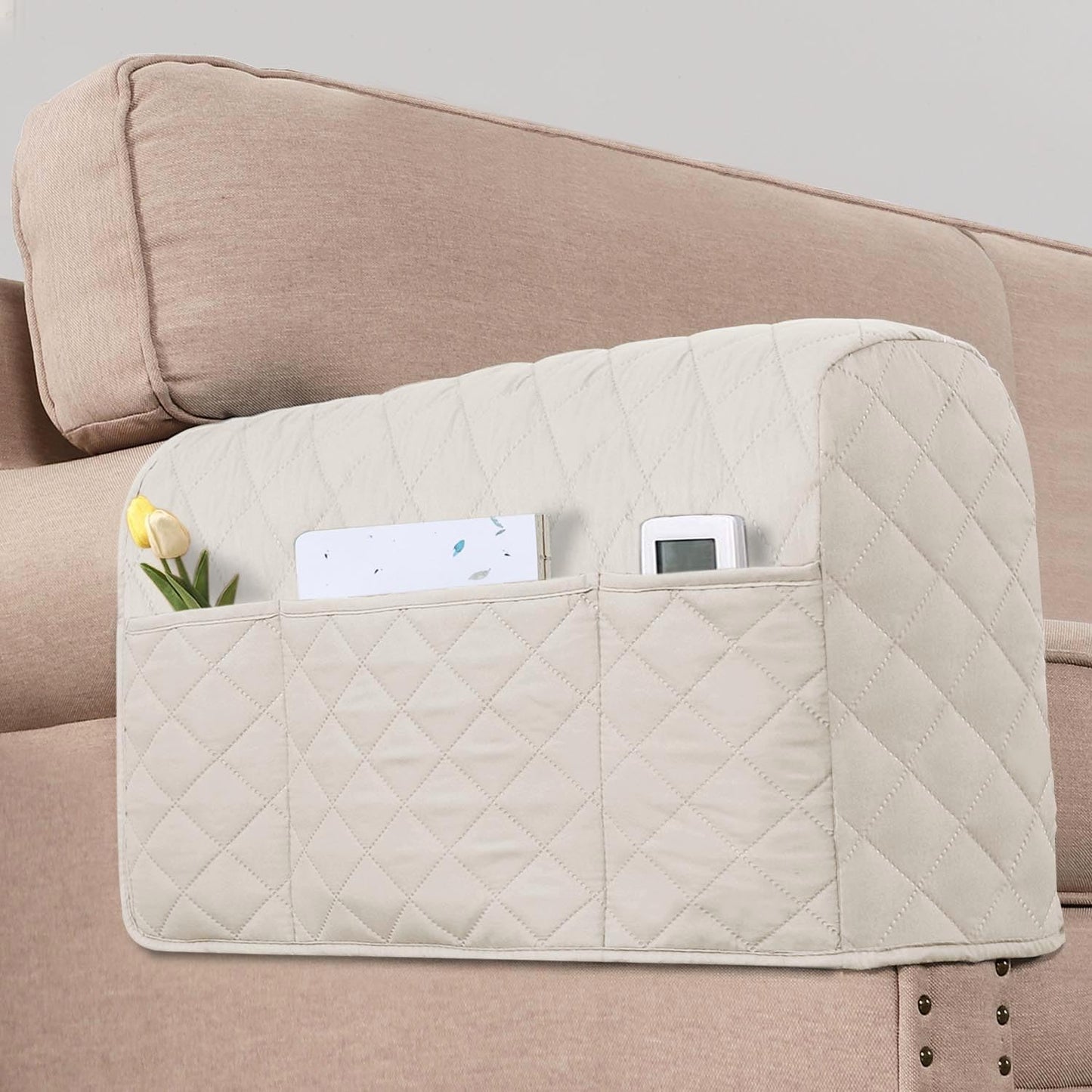 H.VERSAILTEX Water Resistant Armrest Covers for Sofa, 2 Pack, Ivory/Beige | Waterproof Armchair Caddy, Couch Arm Covers Remote Control Holder Sofa Armrest Organizer for Magazine, Tablet, Phone, iPad
