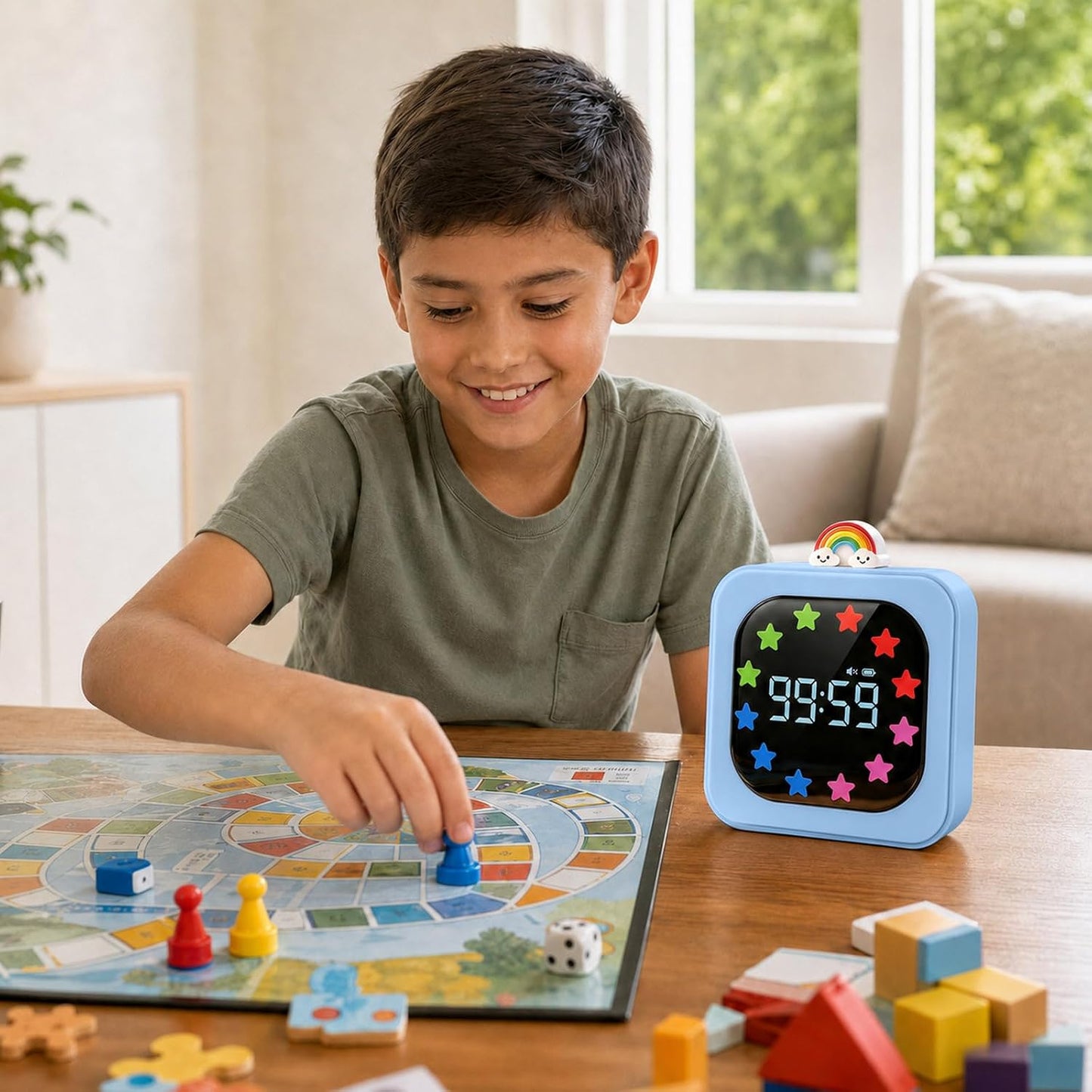 Digital Visual Timer for Kids with 12-Star Rainbow Display & 9 Color Modes | 99-Minute Count-Up & Countdown Timer with Silent Mode & Pause for Classroom, Home, Kitchen, Rechargeable, White