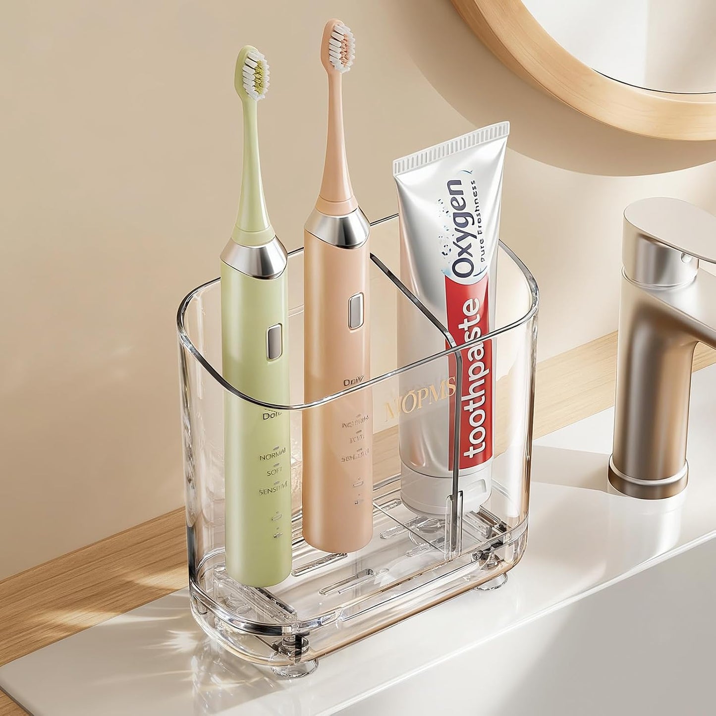 MOPMS Toothbrush Holders with Drainage for Bathrooms Countertop Organizer | 2 Slots Electric Toothbrush Holder Wall-Mount with Divider for Easy Clean, Tooth Brush and Toothpaste Holder for Bathroom