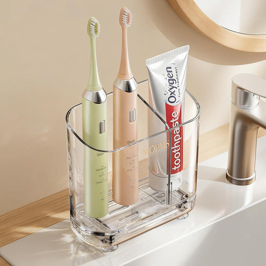 MOPMS Toothbrush Holders with Drainage for Bathrooms Countertop Organizer | 2 Slots Electric Toothbrush Holder Wall-Mount with Divider for Easy Clean, Tooth Brush and Toothpaste Holder for Bathroom