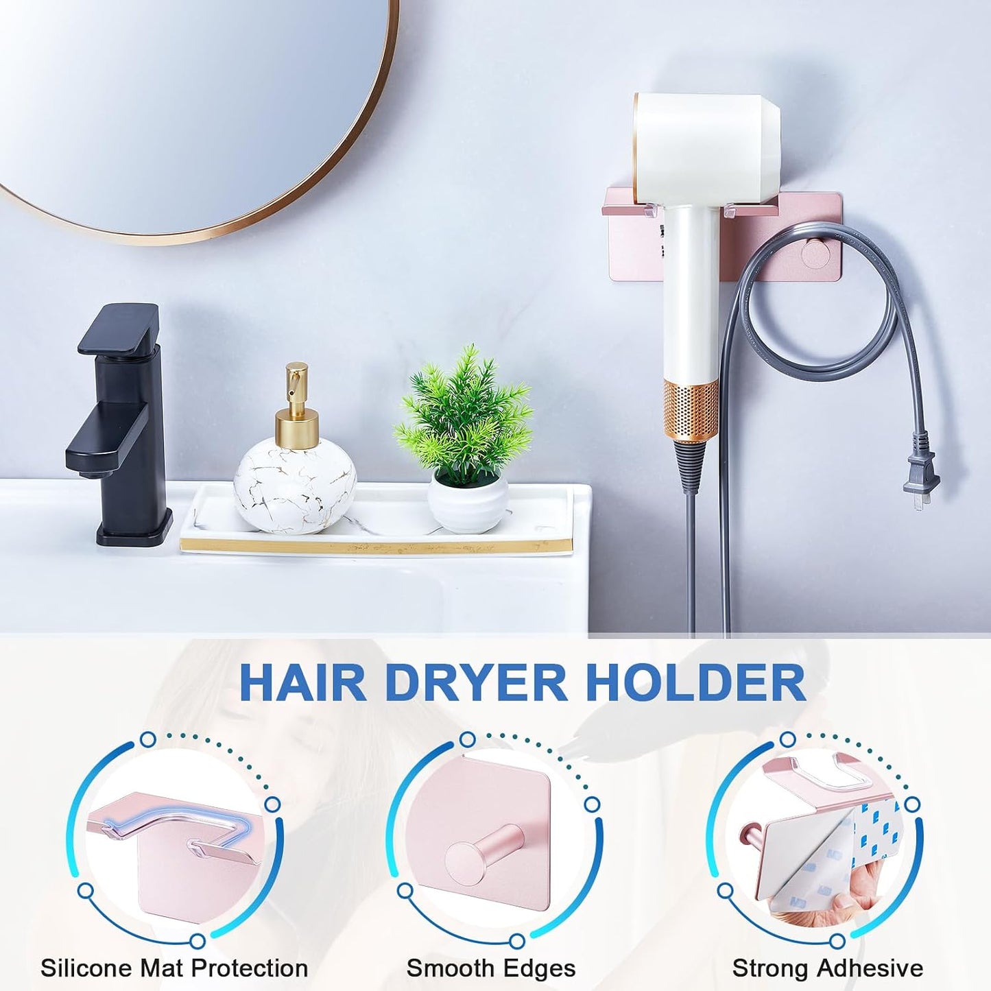 Hair Dryer Holder Wall Mounted, Blow Dryer Holder Adhesive, Metal Hairdryer Holder for Bathroom, Hair Tool Organizer with Plug&Cord for Cabinet Bathroom Bedroom Barber Shops (Rose Gold)