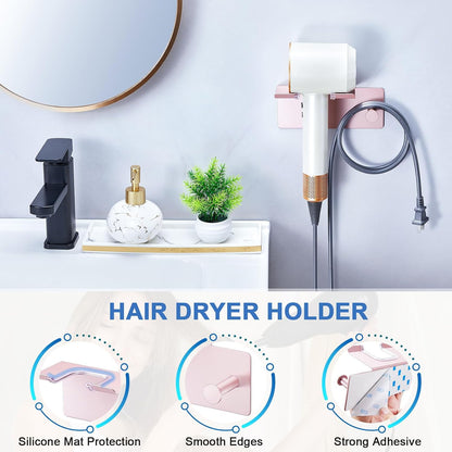 Hair Dryer Holder Wall Mounted, Blow Dryer Holder Adhesive, Metal Hairdryer Holder for Bathroom, Hair Tool Organizer with Plug&Cord for Cabinet Bathroom Bedroom Barber Shops (Rose Gold)
