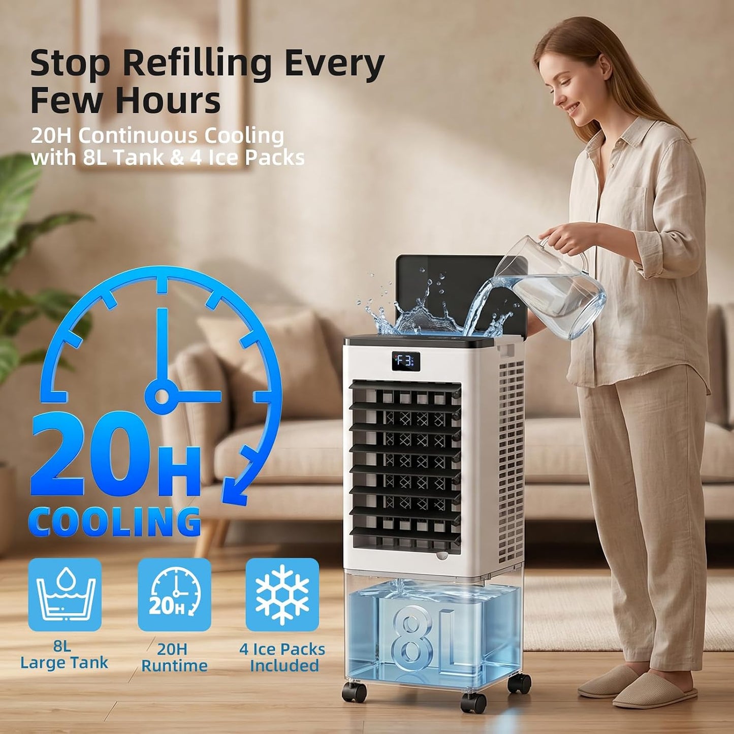 Portable Air Conditioners, Evaporative Air Cooler with Remote & LED Display, 120° Oscillation, 12H Timer, 3 Speeds & 4 Modes, 60W Energy-Efficient, Windowless Swamp Cooler for Bedroom Office Garage