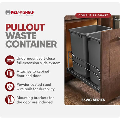 Rev-A-Shelf Double Pullout Trash Can w/Soft-Close Slides, 14.5" Min Opening | Large Capacity Garbage/ Recycling Waste Bins for Under Kitchen Cabinets, Heavy Gauge Wire Construction, 53WC-1835SCDM-211