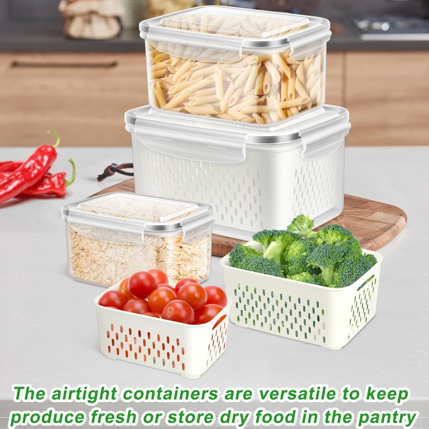 5 Pack Fruit Storage Containers for Fridge Berry Keeper Produce Saver | Leak-proof Food Container Set with Colander Veggie Keep Fresh BPA Free Plastic Refrigerator Organizer Freezer Dishwasher Safe