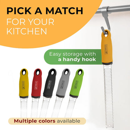 Orblue Lemon Zester & Cheese Grater - Premium Citrus Zester, Kitchen Grater for Parmesan, Chocolate, Fruits, Vegetables, Ginger, Garlic, Nutmeg - Stainless Steel Blades with Protective Cover, Orange