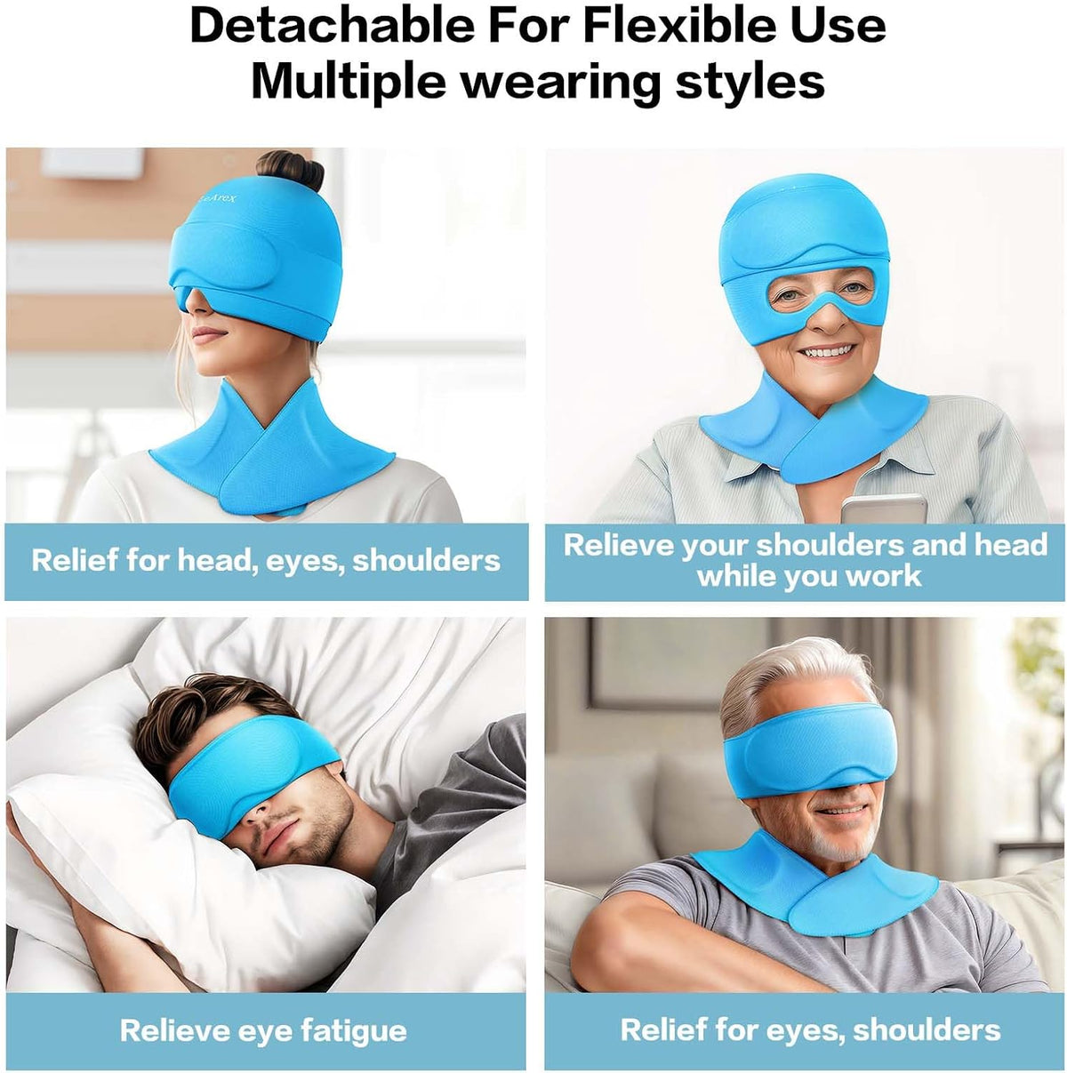 3 in 1 Migraine Relief Cap Neck Ice Pack Wrap Gel and Ice Eye Masks, Detachable Ice Caps with Eyes Masks, Hot and Cold Therapy for Relief of Headaches, Stiff Neck and Eye Fatigue (Purple)