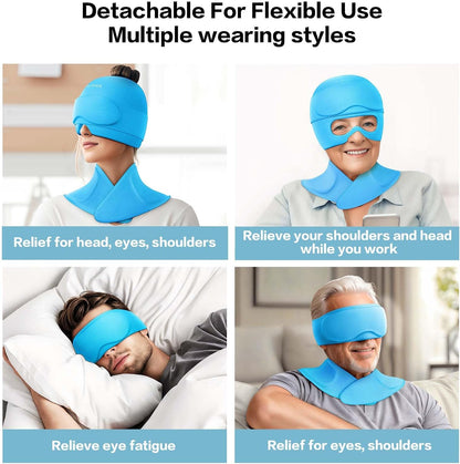 3 in 1 Migraine Relief Cap Neck Ice Pack Wrap Gel and Ice Eye Masks, Detachable Ice Caps with Eyes Masks, Hot and Cold Therapy for Relief of Headaches, Stiff Neck and Eye Fatigue (Purple)