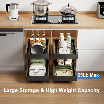 Mustorn 2 Pack Pull Out Cabinet Organizer, Slide Out Drawers for Cabinets, Peel and Stick, Heavy Duty Shelves for Kitchen, Cupboard, Pantry, Bathroom (16.5"D*11.8"W*3.94"H-Black)