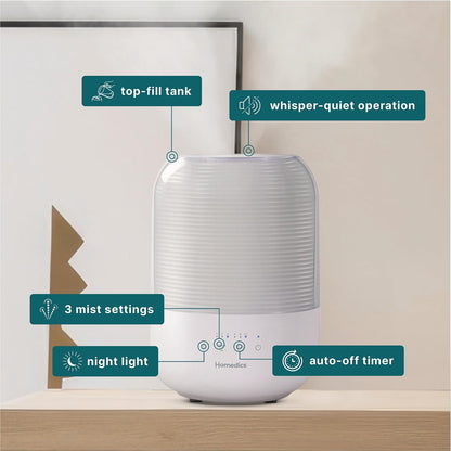 Homedics Ultrasonic Cool Mist Humidifier, Top-Fill 3L Water Tank