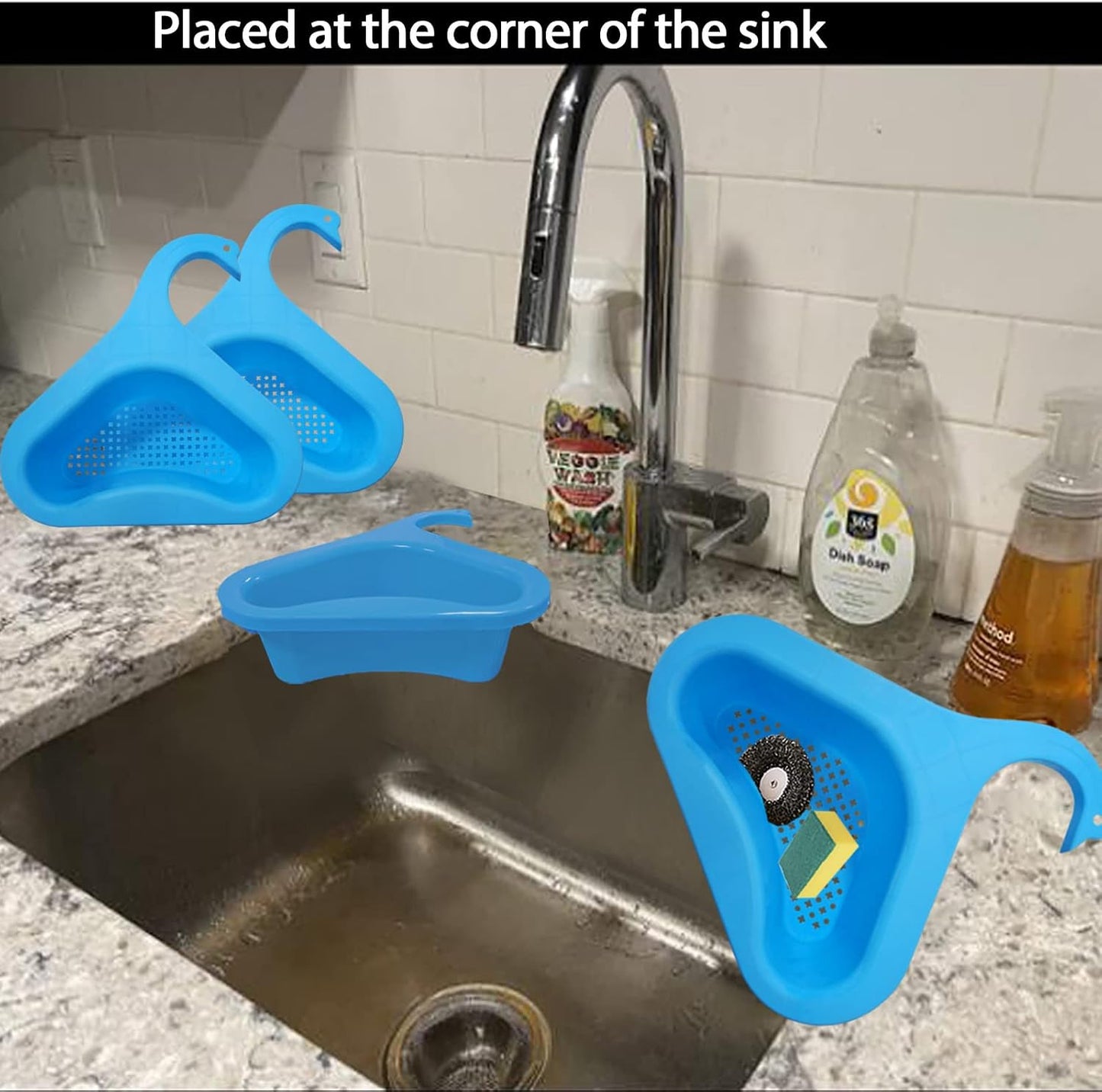 Kitchen sink drain basket swan drain rack, swan drain basket for kitchen sink, multifunctional drainer rack triangle Sink Filter vegetable and fruit drainer basket 4 PCS