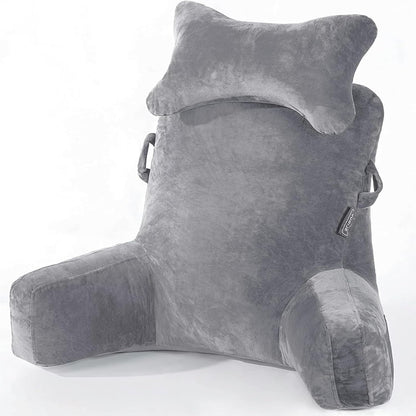 SLIGUY Reading Pillow-Bed Rest Pillow with Detachable Neck Roll & Support Arm for Sitting in Bed Couch or Floor-Backrest Reading Pillow Adult Back Pillow for Reading/Watching TV/Gaming,Dark Grey