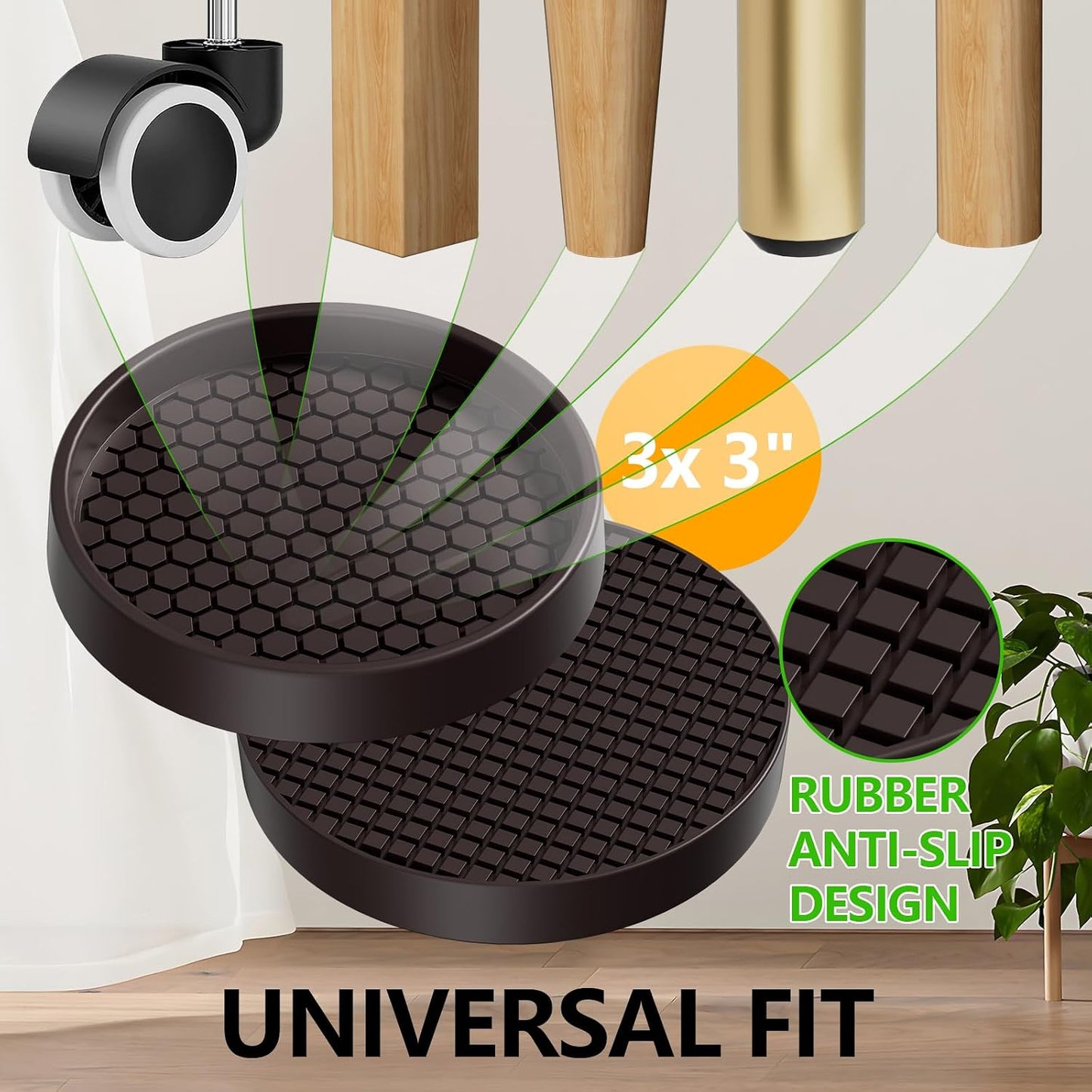 Non Slip Furniture Pads for Hardwood Floors - 12PCS 2" Caster Cups, Round | Furniture Stoppers to Prevent Sliding, Anti Slip Furniture Coasters Cup, Floor Protectors for Furniture Bed Couch Chair,Black