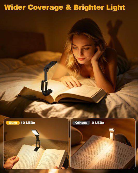 Rechargeable Book Light, Reading Lights for Books in Bed- Eye Caring 3 Colors, Stepless Dimming, Memory, 180°Foldable, Lightweight, Portable Clip on Reading Light for Book Lovers, Kids, Travel